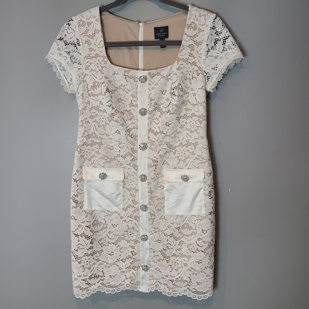 Adrianna Papell Womens Dress White Lace Sz 12 Old Money Wedding Coquette Silky